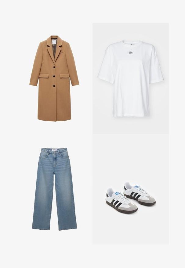 Camel-farbener Mantel aus strukturiertem Wollmix, mit Reverskragen, einreihiger Knopfleiste, drei schwarzen Knöpfen und zwei vorderen Taschen.; Weißes T-Shirt mit kurzen Ärmeln aus Baumwolle. Verfügt über einen Rundhalsausschnitt und ein kleines schwarzes Adidas-Logo auf der Brust. Gerader Saum.; Helle blaue weit geschnittene Jeans aus Denim. Merkmale sind eine hohe Taille, fünf Taschen und ein gerader Schnitt mit minimaler Ausbleichung.; Sportschuhe mit einem Obermaterial aus weißem Leder, grauer Wildleder-Zehenkappe und drei schwarzen Streifen. Sie verfügen über ein blaues Logo auf der Zunge und eine strukturierte Gummisohle.