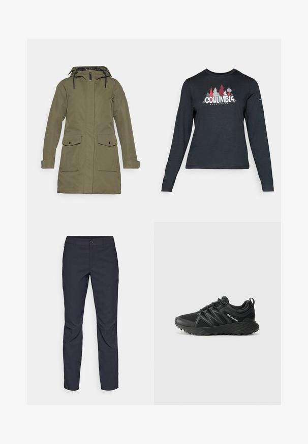 Olive green parka jacket with a zip front, adjustable hood, two large front pockets, and black hardware accents. Smooth, water-resistant fabric.; Long-sleeve dark gray shirt with a graphic of red trees and mountains; "COLUMBIA" logo in bold white text. Soft fabric, standard crew neck.; Navy blue pants made of smooth fabric, featuring a front button closure, slim-fit design, and creased detailing at the knees.; Columbia PEAKFREAK - Hiking shoes - black
