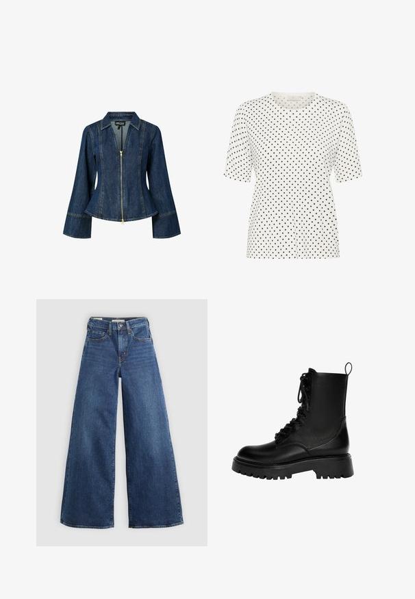 Denim jakna z zadrgo, svetlo modrim šivanjem in prilegajočim pasom. Ima ovratnik in razširjene dolge rokave.; Bela majica s kratkimi rokavi in okroglim izrezom, ki ima vzorec majhnih črnih pik. Mehka tkanina z udobnim krojem.; Široke jeans hlače iz modrega denima z petimi žepi, zapiranjem na gumb in kontrastnim šivanjem, ki se ponašajo z mehko in teksturirano obdelavo.; Črne čipkaste gležnjarje iz sintetičnega usnja, ki imajo debel podplat, zanko za obuvanje in izrazite šive.