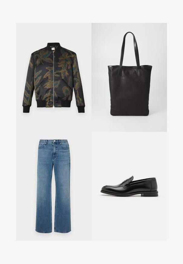 Bomber jacket in svart satin dekorerad med ett blommigt kamouflage-mönster i grönt och brunt; har ribbade muddar och krage, framsidan stängs med dragkedja.; Valkoinen nappikauluspaita, jossa on hienovaraiset pystysuorat raidat, pitkät hihat, rintatasku ja klassinen pyöristetty helma.; Levelederg blå jeans laget av denim med en falmet finish. Har fem lommer, glidelås foran og rett snitt.; Mustat nahkakengät, joissa on sileä pinta, pyöreä kärki ja koristeellinen nauha jalkapöydän yli. Matala pinoitu koroke, minimalistinen muotoilu.; Mustat kangaskassit mustilla nahkahandleilla. Yksinkertainen muotoilu, tilava runko ja sileä pinta. Ei näkyviä logoja tai kuvioita.