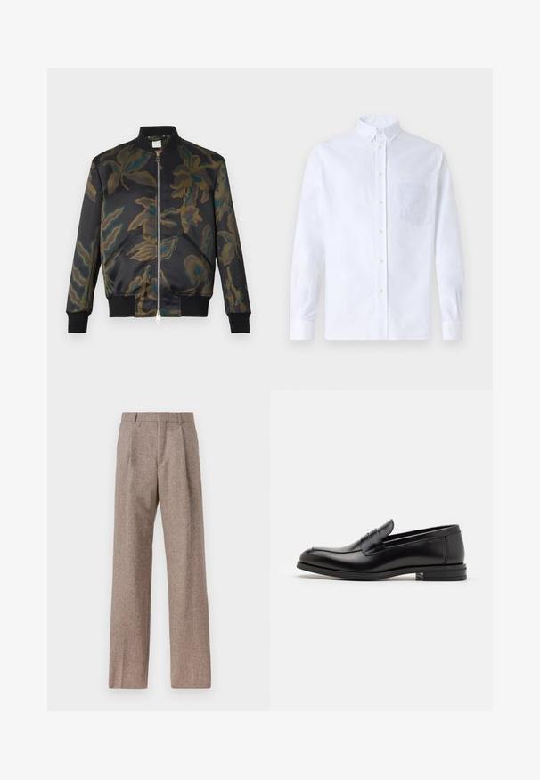 Bomber jacket in black satin decorated with a floral camouflage pattern in greens and browns; features ribbed cuffs and collar, front zip closure.; White long-sleeve button-up shirt made of cotton, featuring a chest pocket with tonal embroidery, a collar, and button cuffs.; Brown, high-waisted trousers made of textured fabric. Features wide legs and two front pleats for structure. Neat finish with no visible hardware.; Black leather loafers with a smooth texture, rounded toe, and a decorative strap across the vamp. Low stacked heel, minimalist design.