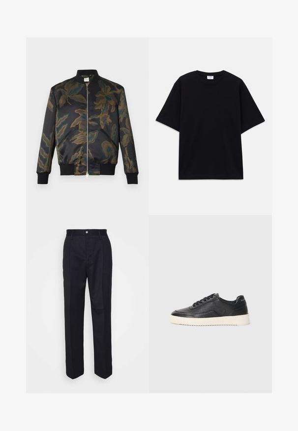 Giacca bomber in raso nero decorata con un motivo floreale camouflage in verde e marrone; presenta polsini e colletto a coste, chiusura frontale con zip.; T-shirt oversize nera a maniche corte con scollatura rotonda e etichetta del marchio Filippa K visibile all'interno del colletto.; Pantaloni neri su misura con design a gamba dritta, realizzati in tessuto liscio, con chiusura frontale a bottone e due tasche laterali.; Sneaker in pelle nera con finitura texturizzata, punta rotonda e suola piatta in gomma bianca. Presenta lacci neri e un logo sul tallone.