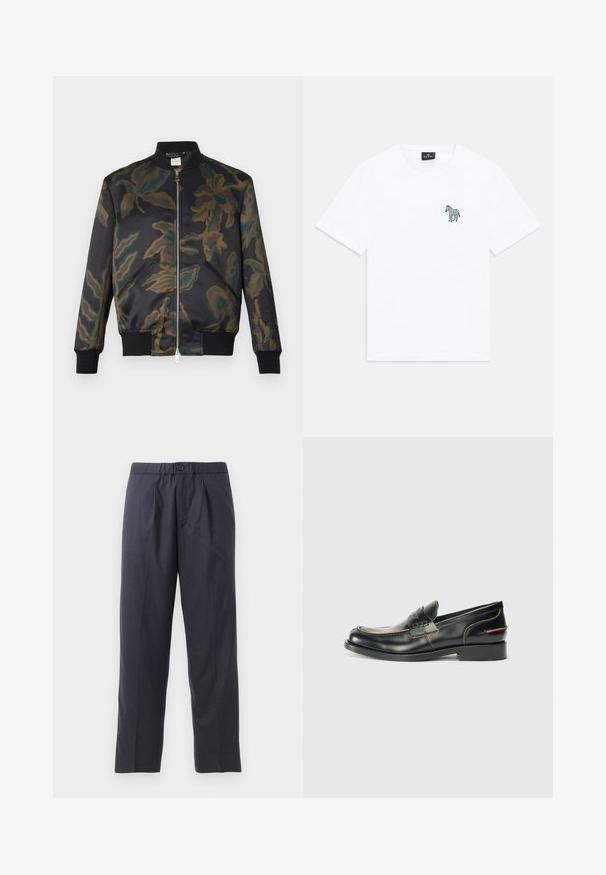 Bomberjack in zwart satijn versierd met een bloemig camouflagepatroon in groen en bruin; heeft ribgebreide boorden en kraag, en een rits aan de voorkant.; Witte T-shirt met korte mouwen en ronde hals, met een kleine donkere zebra graphic op de linkerkant van de borst en een zwart label aan de binnenkant van de kraag.; Donkerblauwe broeken van zachte stof met een geplooid voorkantontwerp en een elastische tailleband. Voorzien van een knoopsluiting en een rechte pijp.; Zwarte leren instappers met een sleek ontwerp, voorzien van subtiele stiksels en een lage hak, gepresenteerd tegen een effen witte achtergrond.