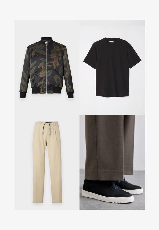 Chaqueta bomber de satén negro decorada con un patrón de camuflaje floral en verdes y marrones; cuenta con puños y cuello acanalados, cierre frontal con cremallera.; Camiseta de algodón negra con cuello redondo, mangas cortas y un corte relajado. Diseño simple, textura suave y sin patrones o logotipos visibles.; Pantalones beige de corte recto, con cintura elástica ajustable, frontal con pliegues y textura suave. Diseño simple y versátil.; Zapatillas de ante negro con suelas de goma blanca, que presentan una puntera redondeada y cordones, llevadas con pantalones grises a medida.