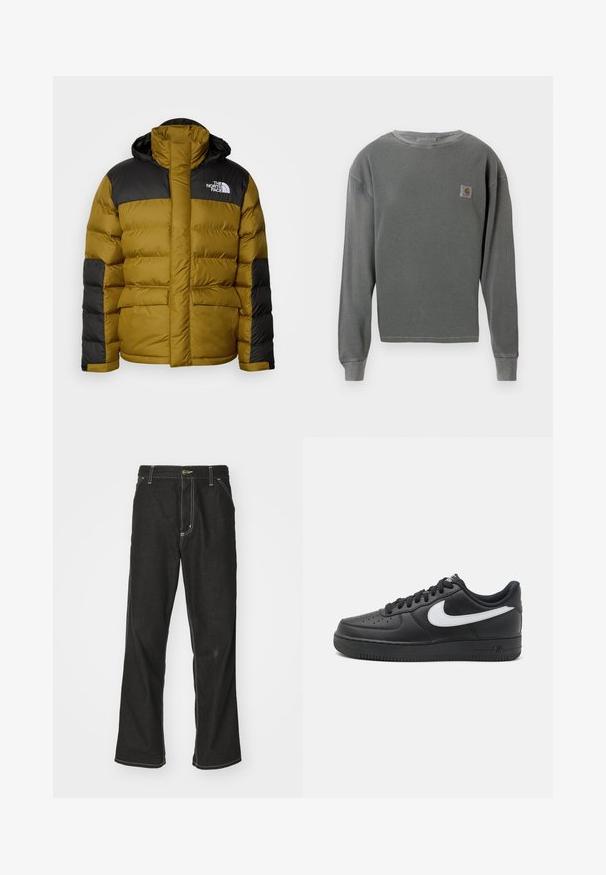 The North Face M LIMBARA INSULATED JACKET - Zimska jakna - moss green; Siv svečani pulover z dolgimi rokavi in ribastim teksturo, ki ima majhen kvadratni logotip na levem prsnem delu in ribaste manšete.; Črne jeans hlače ohlapenega kroja, ki imajo kontrastno belo šivanje, zapiranje na gumb in ravno nogavico.; Črne Nike Air Force 1 športne copate z gladkim usnjenim zgornjim delom, belim logotipom, perforiranim prstnim delom in teksturiranim gumijastim podplatom.