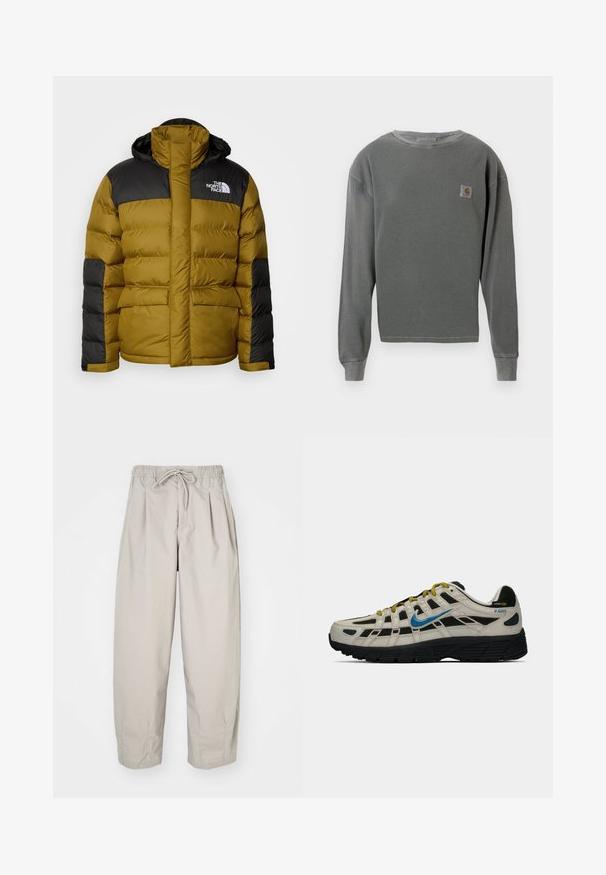 The North Face M LIMBARA INSULATED JACKET - Téli dzseki - moss green; Szürke, hosszú ujjú, crewneck pulcsi bordázott textúrával, a bal mellen egy kis négyzet alakú logóval és bordázott mandzsettával.; Beige, könnyű nadrág, rugalmas derékkal és zsinórral. Ráncokkal és laza szabással rendelkezik, puha, sima anyagból készült.; Beige és fekete Nike P-6000 sportcipő kék pipa logóval, sárga fűzővel, fekete talppal és Cordura szövet címkével a saroknál.