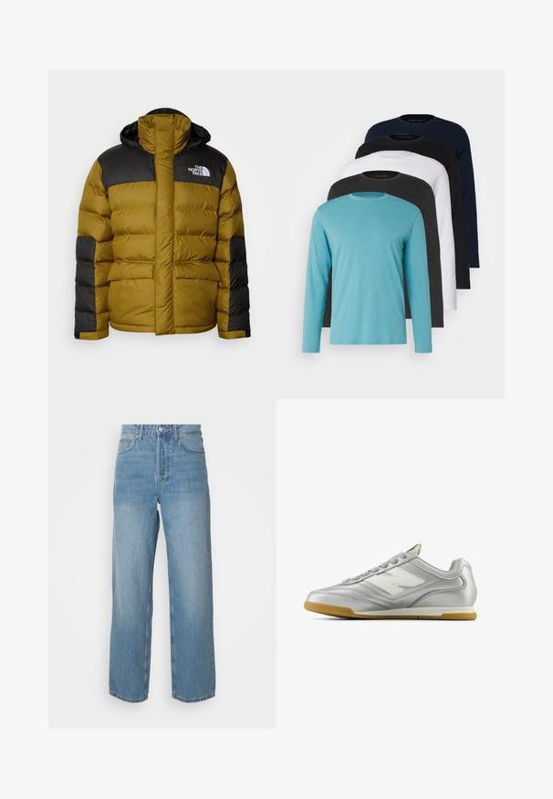 The North Face M LIMBARA INSULATED JACKET - Žieminė striukė - moss green; Penki ilgomis rankovėmis marškiniai išdėstyti eilėje: turkio, juodos, baltos, tamsiai pilkos ir tamsiai mėlynos spalvų. Minkšta medžiaga su apvalia apykakle ir standartiniu gaminiu.; Aukštos juosmens šviesiai mėlyni džinsai tiesiomis kojomis, priekinis mygtukų užsegimas ir penkių kišeninių stilius ant vientisos fono.; Sidabriniai sportiniai bateliai su lygiu, blizgiu paviršiumi, balta logo šone, tekstūruotomis pilkomis raištelėmis ir guminiais padais.