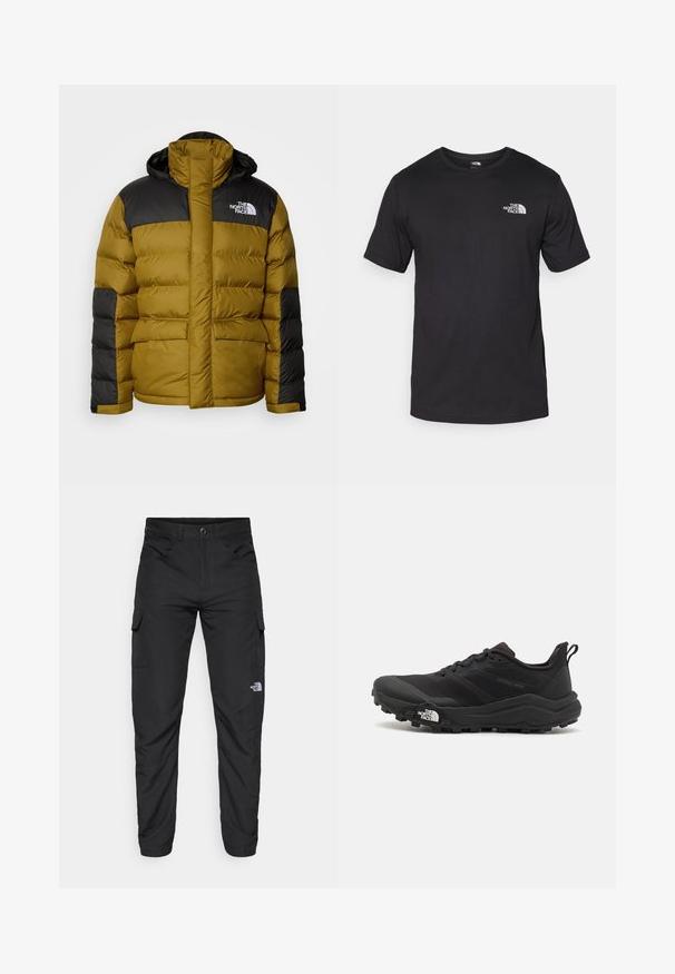 The North Face M LIMBARA INSULATED JACKET - Téli dzseki - moss green; Fekete rövidujjú pamut póló, kerek nyakkivágással, a bal felső mellkason egy kis fehér logóval.; The North Face HORIZON PANT - Szabadtéri nadrágok - black; Fekete terepfutó cipő, textúrált felső résszel, gumitalppal és megerősített lábujjrészével. Párnázott bokarésszel és húzófüllel rendelkezik a könnyű felhúzáshoz.
