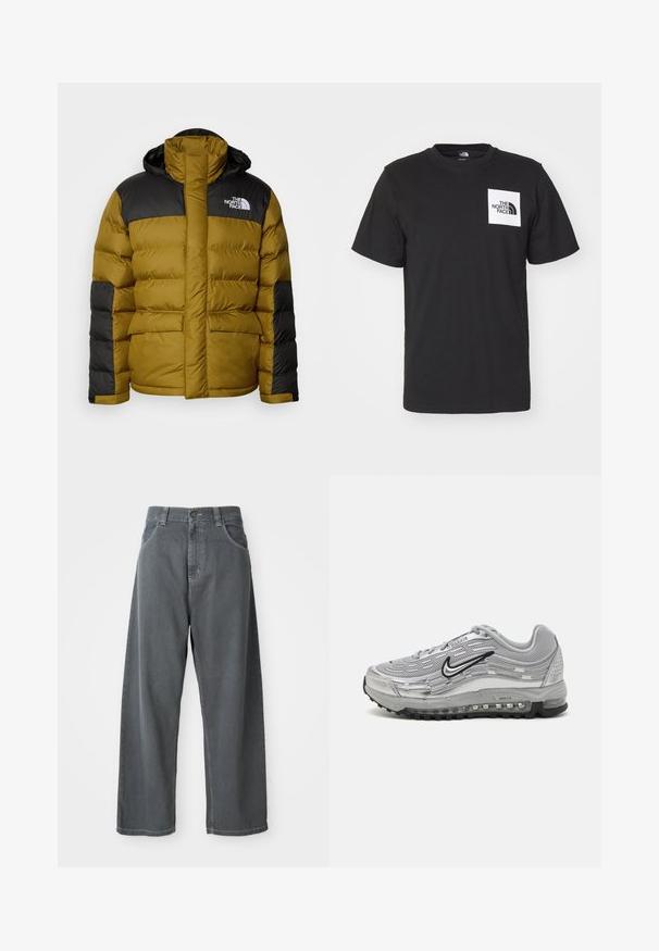 The North Face M LIMBARA INSULATED JACKET - Zimná bunda - moss green; Čierne bavlnené tričko s krátkymi rukávmi, okrúhlym výstrihom a bielym štvorcovým logom na hrudi, ktoré obsahuje text "The North Face" a zakrivený dizajn.; Sivé široké nohavice z denimu s vysokým pásom, ktoré majú predné vrecká, pútka na opasok a gombíkový uzáver na páse.; Sivé tenisky Nike Air Max s vrchnou časťou z jemnej siete a syntetického materiálu, vlnkovým dizajnom, čiernymi akcentmi a viditeľnou vzduchovou tlmiacou jednotkou.