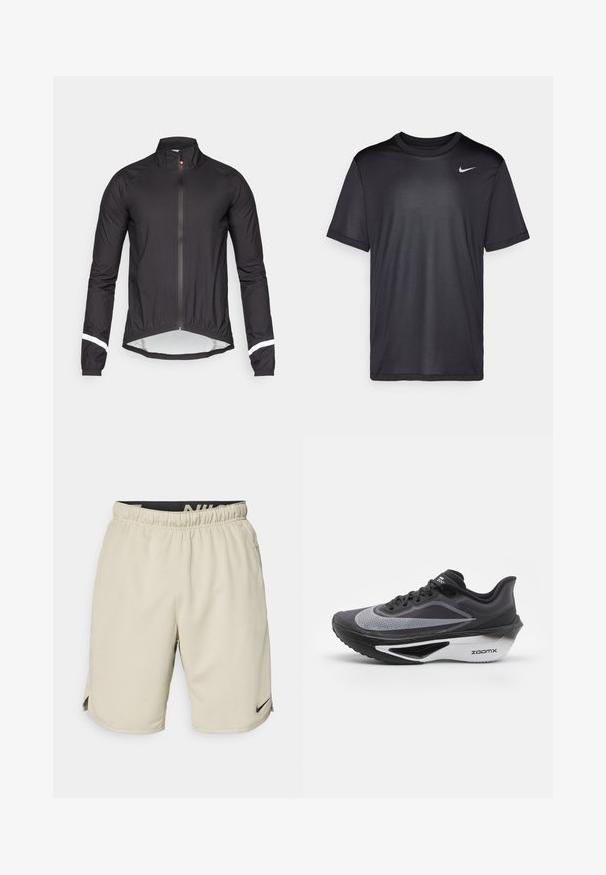Black windbreaker jacket with long sleeves, high collar, full front zipper, elastic waistband, and white reflective accents on sleeves.; Black athletic t-shirt with short sleeves, round neck, made of smooth fabric. Features a small white Nike logo on the upper left.; Beige athletic shorts made from lightweight fabric, featuring an elastic waistband, side slits, and a small black Nike logo on the lower left side.; Black and gray athletic shoe with a textured upper, a sleek shape, and a distinct ZoomX midsole. Features laces and breathable material.