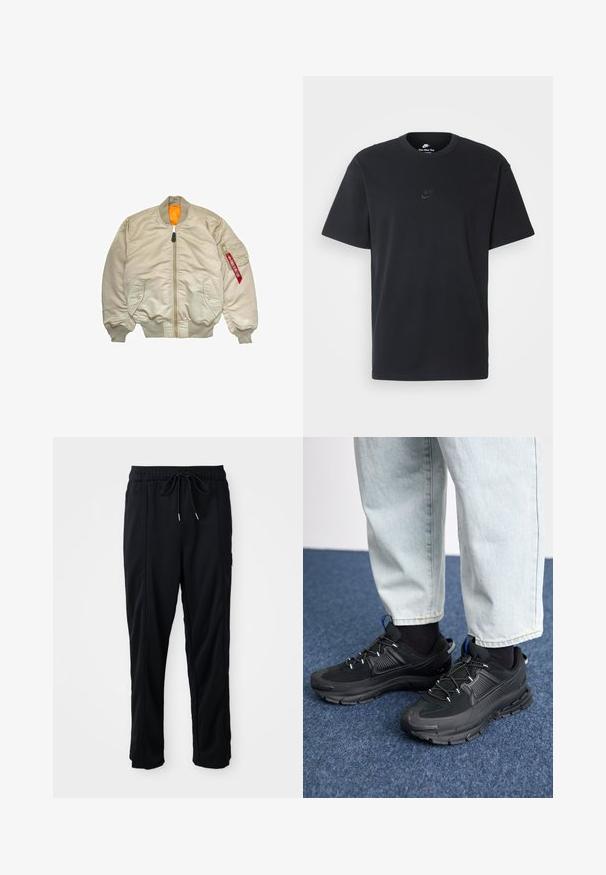 Bēša bumbvedēja jaka ar priekšējo rāvējslēdzēju, ribotām piedurknēm un jostasvietu. Iekšpuse ir oranžā krāsā, un kreisajā piedurknē ir sarkans marķējums.; Nike melns kokvilnas T-krekls ar klasisku piegriezumu, īsām piedurknēm un smalku, reljefu logotipu uz krūškurvja. Gluda tekstūra.; Melnas bikses ar aukliņu jostas vietā, ar sānu kabatām un taisnu kāju griezumu uz vienkrāsaina fona.; Melni sporta apavi ar strukturētu audumu un gumijas zoli, ar elastīgām auklām un zilu akcentu uz papēža. Nēsāti ar gaišām džinsu biksēm.