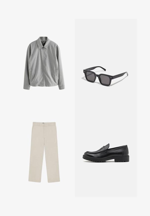 Siva jakna na zadrgo s uskim ovratnikom, dvema stranskima žepoma in gladko teksturo. Narejena je iz lahkega blaga z subtilnim vzorcem tkiva.; Črn pulover s turtleneck ovratnikom, izdelan iz mehkega pletenega materiala. Ima dolge rokave, rebrast ovratnik in rob. Preprost, eleganten dizajn brez vzorcev.; Bež hlače širokih nogavic z gladko teksturo, ki imajo zanko za pas, dve sprednji žepu in zadrgo. Minimalističen dizajn.; Črne usnjene loafers čevlje z zaobljenim nosom, brez zadrge, s debelim gumijastim podplatom, ki ima teksturirano površino za dober oprijem. Dviganje pete ter diskretni šivi.; Črne pravokotne sončne očala s temnimi lečami, ki imajo debel okvir, subtilne poudarke na straneh in nobenih vidnih logotipov razen imena blagovne znamke.; Kovinski kvarčni ura s črnim številčnicam, belimi številkami in prikazom datuma. Ima jekleno zapestnico in vodoodpornost do 100 m.