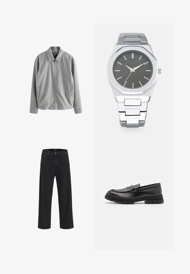 Grau Zip-up-Jacke mit einem spitzen Kragen, zwei seitlichen Taschen und einer glatten Textur. Hergestellt aus einem leichten Stoff mit einem subtilen Webmuster.; Redefined Rebel TETON REGULAR FIT - Strickpullover - black grey; Schwarze gerade geschnittene Jeans aus Denim mit Knopf- und Reißverschluss, Gürtelschlaufen sowie Vorder- und Gesäßtaschen.; Schwarze Lederloafer mit glatter Oberfläche, ausgestattet mit einem vorderen Riemendetail und einer klobigen Gummisohle mit gerippten Akzenten.; Silberne Analog-Uhr mit achteckigem Gehäuse, grauem Zifferblatt, silbernen Stundenmarkierungen und einem Armband aus Edelstahl. Minimalistisches Design mit glatter Textur.