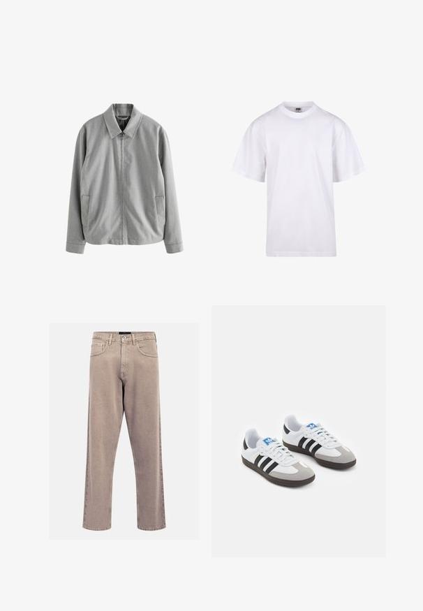 Grå zip-up jakke med spidse krave, to sidelommer og en glat tekstur. Fremstillet af et letstof med et subtilt vævemønster.; Hvid bomulds T-shirt med rund halsudskæring, korte ærmer og en afslappet pasform. Har et enkelt design uden mønstre eller dekorationer.; Beige lige jeans lavet af denim, med et klassisk fem-lomme design, stikninger og en ren kant.; Sportsko med en overdel i hvid læder, grå ruskind på tåen og tre sorte striber. Har et blåt logo på tungen og en struktureret gummisål.
