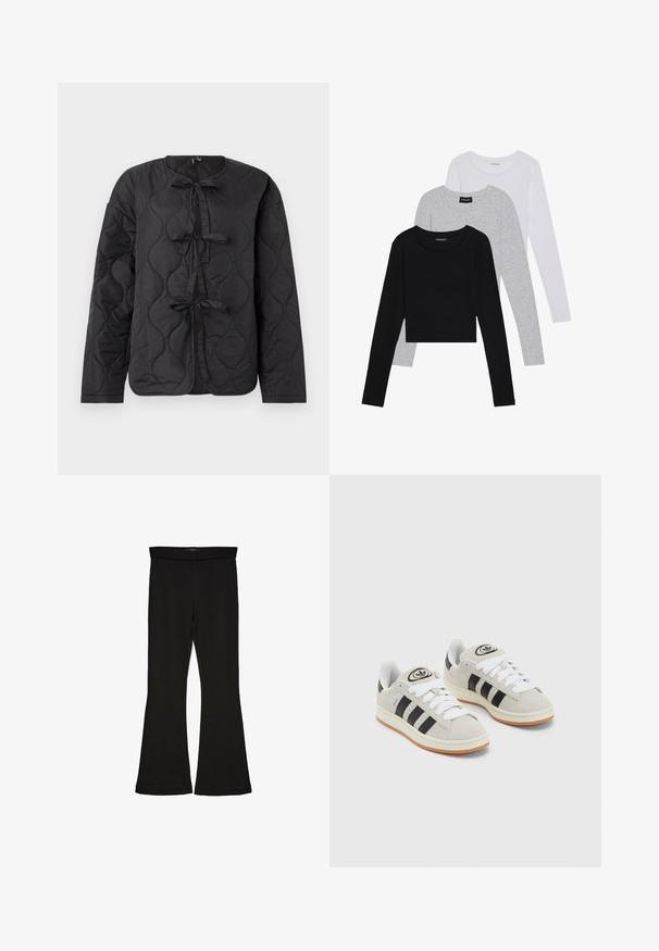 Jachetă neagră matlasată cu mâneci lungi, având un decolteu rotund și trei fundițe decorative pe față. Textură netedă, ușor lucioasă.; Trei bluze cu mânecă lungă așezate: neagră, gri și albă. Fiecare are un guler rotund și un design scurt, realizat dintr-un material fin și ușor.; Leggings negre cu tiv evazat, realizate dintr-un material elastic. Au o talie largă și o textură fină, cu o siluetă ajustată care se lărgește la tiv.; Adidași din suede gri cu șireți albi, dungi negre și talpă din cauciuc alb. Prezintă un logo circular pe limbă și o talpă din cauciuc.