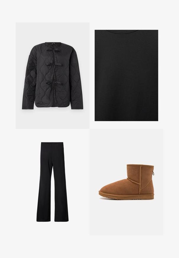 Sort quiltet jakke med lange ærmer, der har en rund udskæring og tre dekorative sløjfer ned fortil. Glat, let skinnende tekstur.; Sort bomuldsstof med glat struktur og rund halsudskæring, prydet med et subtilt, jævnt kornmønster. Ingen synlige logoer eller accenter.; Sorte flarebukser med elastisk talje, lavet af et blødt, strækbart stof, der har en glat tekstur og ingen synlige mønstre eller hardware.; Brune ruskindsankelstøvle med rund tå, fleksibel gummisål og forstærket sømdetaljering. Inkluderer en trækflap på bagsiden.