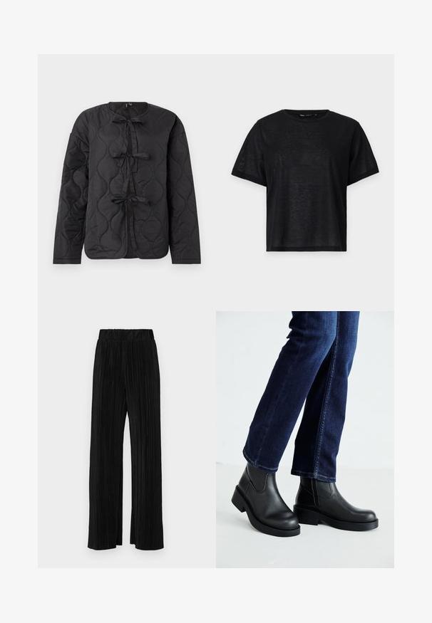 Musternahk suvijakk musta värviga, pikade varrukatega, ümmarguse kaelusega ja ees kolmes dekoratiivses kaares. Sile, veidi särav tekstuur.; Must musta lühikese varrukaga T-särk, millel on vabalt langev lõige, sile tekstuur ja ümmargune kaelus. Kerge kangas, millel on kerge sära.; Mustad pleekitud püksid elastse vöökohtaga. Omavad laiad jalad ja sujuvat, tekstureeritud kangast vertikaalsete triipudega.; Mustad mustad nahast sääre kõrgused saabastega, millel on paks tald ja küljel elastsed paneelid, kombineeritud tumedate siniste teksadega. Maapind on heledat värvi.