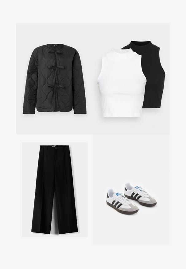 Crni kviltani kaput s dugim rukavima, s okruglim izrezom i tri dekorativne mašne sprijeda. Glatka, blago sjajna tekstura.; Dvije bezrukavne rebraste majice s visokim ovratnikom u crnoj i bijeloj boji, s prilagođenim dizajnom i glatkom teksturom, te skraćenom dužinom.; Crne široke hlače izrađene od lagane tkanine, s prednjim zatvaranjem na dugme i ravnim prednjim dijelom, sa uredno šivenim rubovima.; Sportske cipele s gornjištem od bijele kože, sivi suedinasti nos i tri crne pruge. Imaju plavi logo na jeziku i teksturiranu gumenu podlogu.