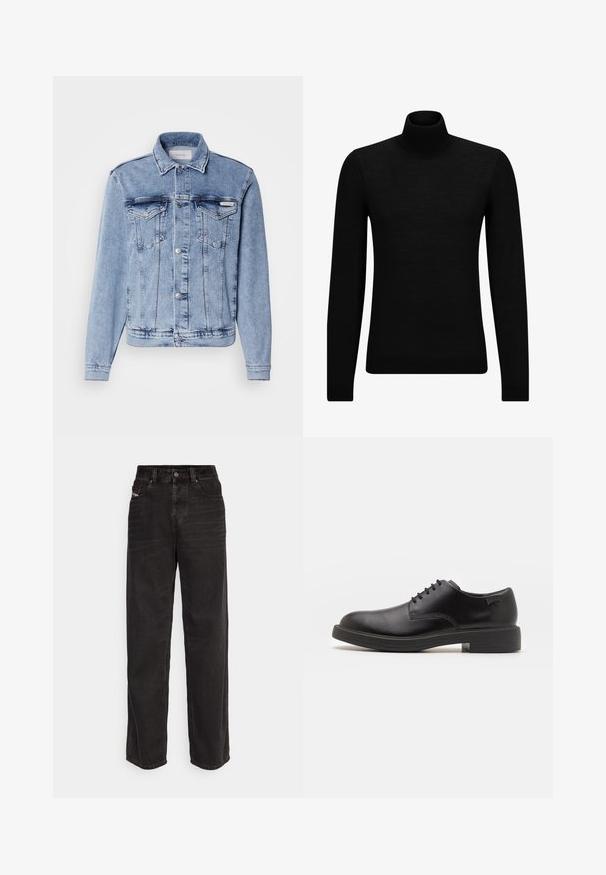 Gaiši zils džinsi žakets ar pogu priekšpusi, diviem krūšu kabatām un norādītu apkakli. Satur izšūšanas akcentus un nedaudz izbalējušu apdari.; Melnā augstā kakla džemperis, kas izgatavots no mīksta materiāla, ar garām piedurknēm un pieguļušu piegriezumu. Ribota apdare ap apakšu un piedurknēm. Vienkāršs dizains.; Melnas denima plata kāju bikses ar augstu jostasvietu, priekšējo pogu aizdari, divām sānslēpēm un smalkām šuvju detaļām.; Melna āda sašūta kurpe ar noapaļotu purngalu, gludu tekstūru, minimālu šuvju skaitu un zemu gumijas papēdi. Logo uz papēža.