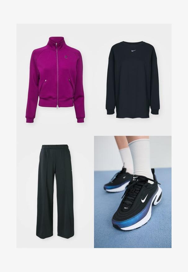 Nike Performance HERITAGE JACKET - Träningsjacka - sangria; Svart långärmad T-shirt i bomull med rundad halsringning. Har en vit Nike-logotyp på bröstet. Mjuk textur, enkelt design.; Svarta, vida idrottsbyxor med resårmidja. Tillverkade av ett slätt, stretchigt tyg som har diskreta framsömmar och inga fickor.; Svarta Nike-sneakers med ett mjukt tygövre, som har en gradientdesign från blått till svart, vit sula och framträdande logotypaccenter.