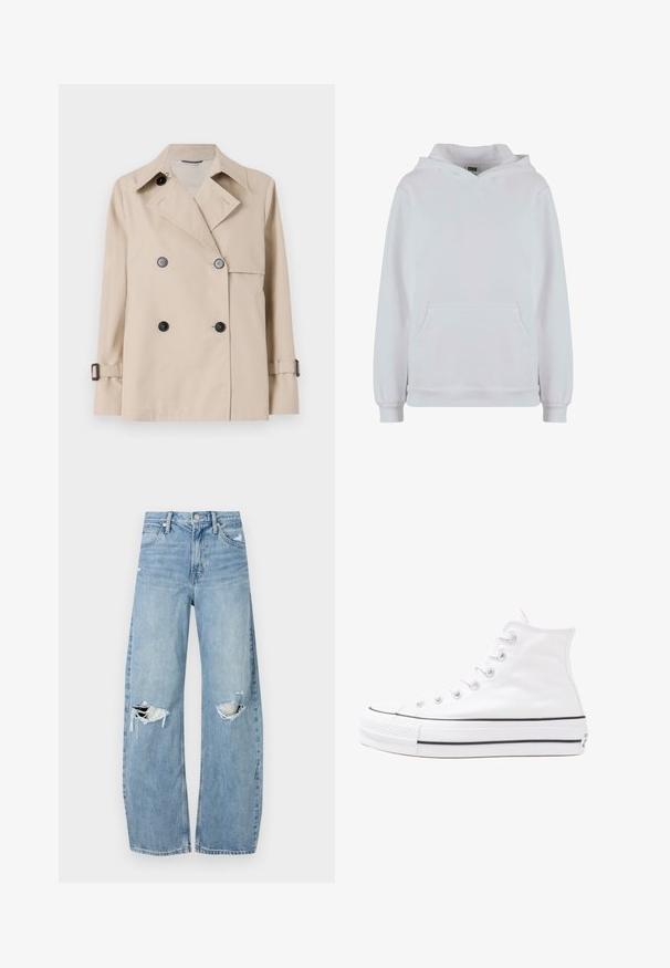 Weekend Max Mara BIGLIA - Könnyű dzseki - ice; Fehér kapucnis pulóver pamut keverékből. Hosszú ujjakkal, elöl egy kenguruzsebbel, valamint bordás mandzsettákkal és aljjal rendelkezik.; Világoskék, magas derekú farmernadrág. Széles lábakkal, két szakadt térddel és klasszikus öt zsebes dizájnnal rendelkezik.; Fehér magaskorsó vászon sportcipő fekete gumi talppal, elülső gumi orrnyereggel és hat fűzőlyukkal, letisztult, minimalista dizájnnal.