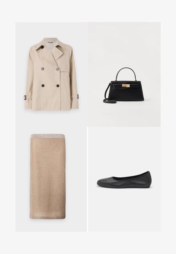 WEEKEND MaxMara BIGLIA - Overgangsjakke - ice; Hvid langærmet skjorte med krave lavet af bomuld. Har en knaplukning fortil og en enkelt brystlomme. Glat tekstur, afslappet pasform.; Beige strikket tørklæde med en subtil glans, tekstureret overflade og en lysere farvet kant øverst. Firkantet form.; Sort læderballetsko med rund tå, glat tekstur, minimal syning og et fleksibelt såldesign.; Sort læderhandtaske med en struktureret trapezform, guldfarvet spænde og kontrastfarvet hvid syning. Inkluderer et kort håndtag og en lang rem.