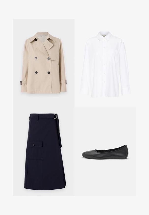 WEEKEND MaxMara BIGLIA - Jachetă subțire - ice; Cămașă albă cu mânecă lungă și guler, fabricată din bumbac. Are un închidere cu băta pe față și un singur buzunar pe piept. Textură netedă, croială lejeră.; Fustă albastru închis cu un design structurat, având o buzunar cargo lateral și un accent de curea cu inel D din metal. Fabricată dintr-un material durabil.; Balerini din piele neagră, cu vârf rotund, textură netedă, detalii de cusătură minimale și un design al tălpii flexibil.