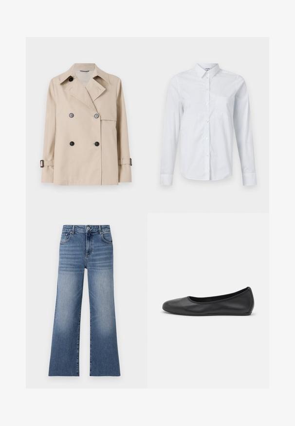 Weekend Max Mara BIGLIA - Übergangsjacke - ice; Weißes langärmeliges Hemd aus Baumwolle, mit Kragen, durchgehender Knopfleiste und einer einzelnen Brusttasche. Glatte Textur. Kein Muster.; Helle blaue Denim-Jeans mit weitem Bein und hoher Taille, ausgestattet mit Fronttaschen, einem Knopfverschluss und einem verwaschenen Muster an den Beinen.; Schwarze Leder-Ballettschuhe mit abgerundeter Spitze, glatter Textur, minimalen Nähdetails und einem flexiblen Sohlen-Design.