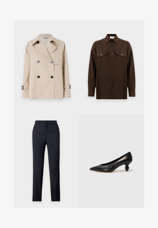 WEEKEND MaxMara BIGLIA - Overgangsjakke - ice; Mørkebrun langærmet skjorte med knaplukning, to brystlommer med klap og en klassisk krave, præsenteret mod en helt hvid baggrund.; Marineblå skræddersyede bukser med lige snit, der har en glat tekstur, to frontlommer og en ren talje.; Sort læder høje hæle med spids tå og rund, kugleformet hæl. Glat tekstur med et stilrent, minimalistisk design.