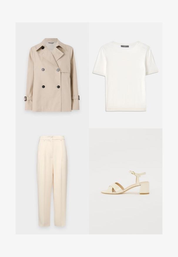 Weekend Max Mara BIGLIA - Übergangsjacke - ice; Weißes kurzärmliges Strickoberteil mit rundem Halsausschnitt, das eine glatte Textur und subtile Rippakzente an den Ärmeln und dem Saum aufweist.; Beige maßgeschneiderte Hose mit geradem Schnitt, mit Falten an der Vorderseite, einer glatten Textur und einer mittelhohen Taille. Keine sichtbaren Taschen.; Beige lackleder Absatzsandalen mit Kreuzriemen-Design, offener Zehenbereich, verstellbare Knöchellasche und Blockabsatz. Glatte Textur.