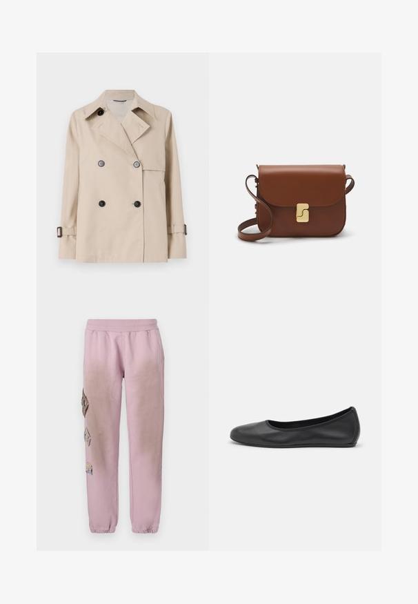WEEKEND MaxMara BIGLIA - Jas - ice; Witte korte mouwen t-shirt van ribstof. Ronde halslijn, normale pasvorm en subtiele stiksels. Geen patronen of grafische elementen.; Roze sweatpants met een elastische tailleband, voorzien van decoratieve patches in ruitvorm aan de linkerkant en elastische boorden bij de enkel.; Zwarte leren ballerina met een ronde neus, gladde textuur, minimale stikdetails en een flexibele zoolontwerp.; Bruine leren handtas met een klep sluiting, gouden hardware, een schouderband en een gladde textuur. Compact rechthoekige vorm.