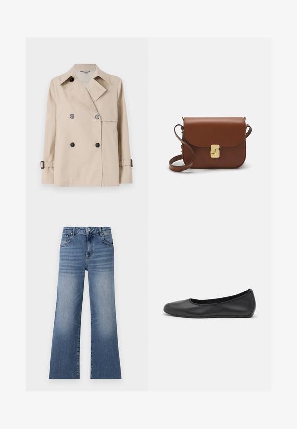 WEEKEND MaxMara BIGLIA - Mezisezónní bunda - ice; Bílá tričko s krátkým rukávem vyrobené z žebrované tkaniny. Kulatý výstřih, normální střih a jemné detaily šití. Bez vzorů nebo grafik.; Světle modré džíny s širokými nohavicemi a vysokým pasem, se předními kapsami, zapínáním na knoflík a vybledlým vzorem na nohavicích.; Černé kožené baletní byty s kulatou špičkou, hladkou texturou, minimálními švy a flexibilním designem podrážky.; Hnědá kožená kabelka s klopou, zlatými kovovými detaily, ramenním popruhem a hladkým povrchem. Kompaktní obdélníkový tvar.