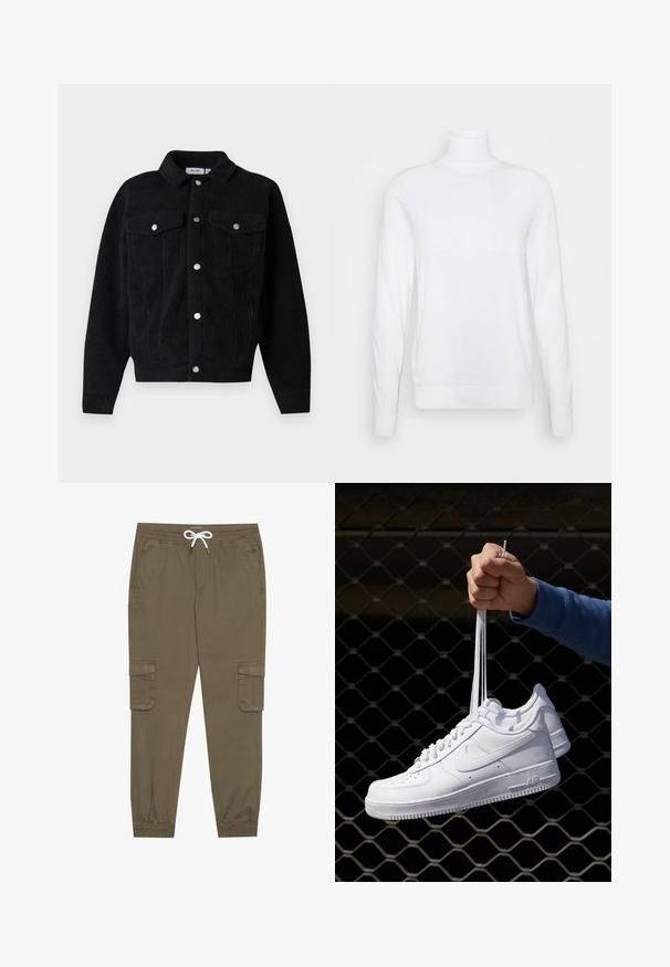 Giacca in pile nera con colletto, due tasche frontali con pattine e bottoni a pressione argentati. Texture morbida con un design casual.; Maglione bianco a collo alto con maniche lunghe, realizzato in tessuto liscio. Presenta un design aderente e polsini e orlo a coste. Senza motivi o dettagli.; Pantaloni cargo khaki con elastico in vita e cordino, dotati di tasche laterali e caviglie cuffiate. Realizzati in un materiale leggero e testurizzato.; Sneakers in pelle bianca con perforazioni, punta rotonda, suola piatta e lacci spessi, con logo swoosh visibile e "AIR" sul tallone.