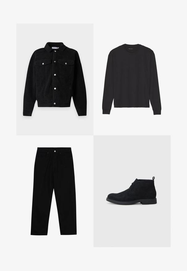 Černá fleecová bunda s límcem, dvěma předními kapsami s klopami a stříbrnými patentními knoflíky. Měkká textura s ležérním designem.; Černé tričko s dlouhým rukávem vyrobené z měkké bavlny. Má kulatý výstřih a žebrované manžety, uvolněný střih a neobsahuje žádné vzory ani grafiku.; Černé džíny s rovně střiženými nohavicemi, designem pěti kapes a předním zapínáním na knoflík. Hladký povrch s minimem švových detailů.; Černé semišové kotníkové boty s kulatou špičkou, šněrováním a texturovanou gumovou podrážkou. Na zadní straně mají malou poutko.