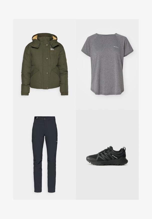 Patagonia DOWNDRIFT - Bunda z prachového peří - pine needle green; Šedá košile s krátkým rukávem s jemným texturovaným vzorem, kulatým výstřihem a logem Columbia na hrudi. Měkká tkanina, uvolněný střih.; Pánské outdoorové kalhoty, tmavě šedé, vyrobené z flexibilního materiálu, s pásem, zipovými kapsami a vyztuženým švem.; Columbia PEAKFREAK - Trekingové boty - black