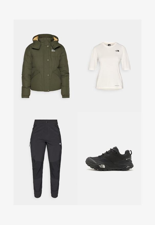 Patagonia DOWNDRIFT - Dūnu jaka - pine needle green; The North Face SHADOW SHORT SLEEVE - Sporta krekli - white dune; Melnas āra bikses, kas izgatavotas no izturīgas auduma. Tām ir kabatas ar rāvējslēdzējiem, pastiprināti ceļu paneļi un taisna griezuma dizains, kas nodrošina kustību brīvību.; Melnas pārgājienu kurpes ar teksturētu augšdaļu, sašņorējumu un masīvu gumijas zoli, kurai ir izteikts logotips sānos un protektora raksti.