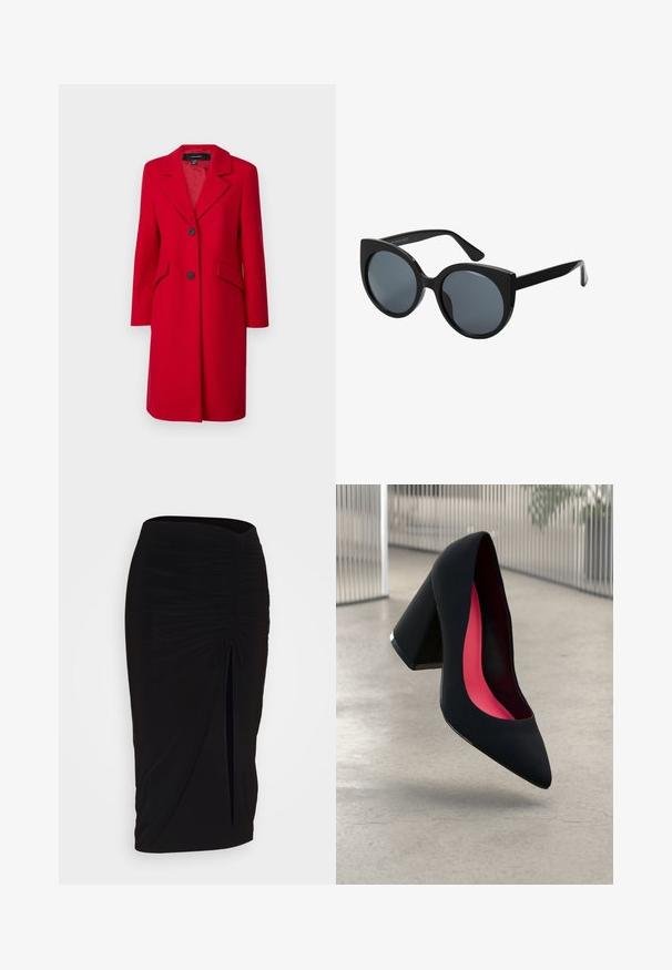 Vero Moda Petite VMFORTUNESARA - Manteau classique - salsa; Débardeur noir à côtes avec une bordure en dentelle festonnée à l'ourlet. Présente des bretelles fines et une coupe ajustée. Fabriqué en tissu extensible.; Jupe crayon noire froncée avec détail à nouer et fente latérale. Fabriquée à partir d'un tissu extensible, elle présente une texture lisse et une coupe ajustée.; Chaussure à talon noir avec un bout pointu, surface texturée et un intérieur rose vif. Dotée d'un talon épais avec un accent en argent.; Lunettes de soleil oversize noires en forme d'œil de chat, avec des verres teintés foncés et une monture en plastique brillant. Caractéristiques de branches épaisses pour le soutien.