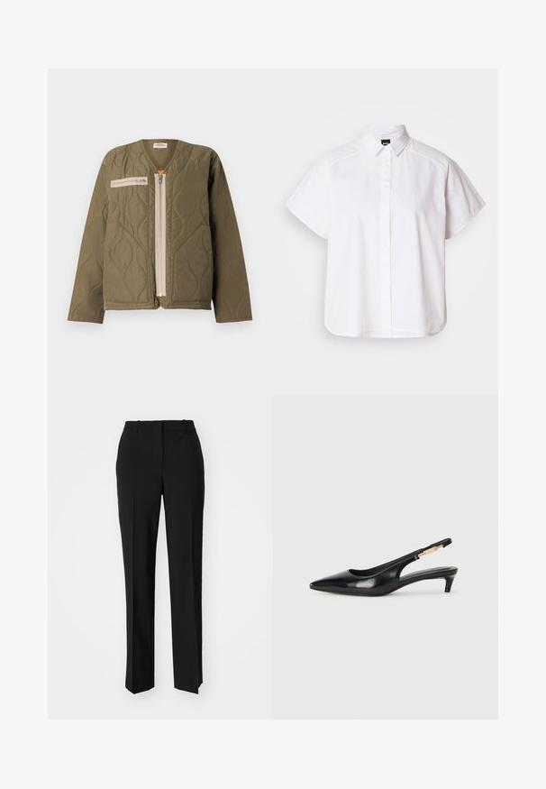 Mads Nørgaard ALICE JACKET - Übergangsjacke - kalamata; Weißes kurzärmliges Hemd mit Knopfleiste, spitzem Kragen und abgerundetem Saum. Hergestellt aus Baumwolle mit glatter Textur und ohne sichtbare Muster.; Schwarze, taillierte Hose mit geradem Bein, aus einem glatten Stoff und mit klaren Falten an der Vorderseite. Keine sichtbare Hardware.; Schwarze Leder-Slingback-Pumps mit spitzem Schuhblatt, ausgestattet mit einem schlanken Absatz und einem goldfarbigen Akzent am verstellbaren Riemen. Glatte Textur.