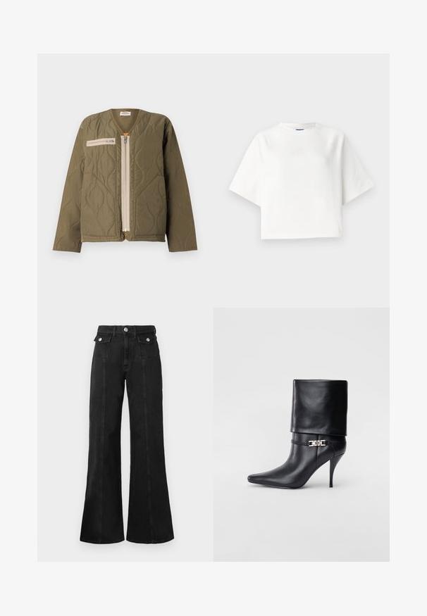 Mads Nørgaard ALICE JACKET - Viegla jaka - kalamata; Balts pārāk liels t-krekls ar īsām raglanu piedurknēm, izgatavots no mīksta auduma. Iezīmēts ar smalku logotipu uz krūts un apaļu kakla izgriezumu.; Melnas džinsu bikses ar platām kājām un augstu jostasvietu, kurām ir divas priekšējās kabatas, sudraba tonēti aksesuāri un redzamas šuves detaļas gar priekšpusi.; Melnas ādas potīšu zābaki ar smailu purngalu, augstu stiletto papēdi, salocītu aproci un zeltītu dekoratīvu sprādzi uz potītes.