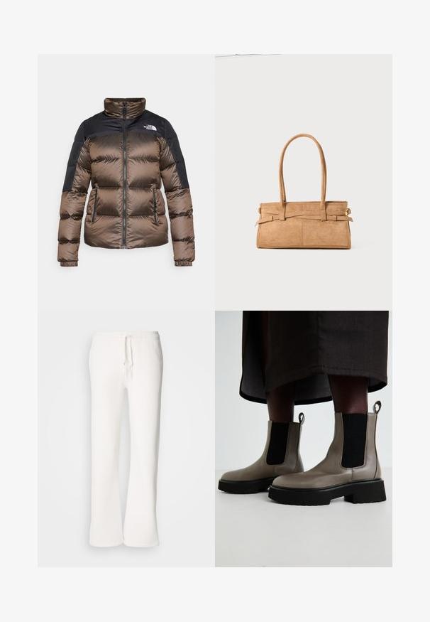 Geacă puffer maro și neagră cu guler înalt, închidere cu fermoar și buzunare laterale. Materialul are o textură netedă, cu un design matlasat.; Set de două bluze cu mâneci lungi, una albă și una neagră. Textură ribbată, decolteu rotund, design ajustat cu mâneci ușor evazate.; Pantaloni de trening albi, cu croi lejer, fabricați dintr-un material moale, având o talie elastică cu șnur și un design cu picioare drepte.; Boots gri din piele texturată, la nivelul gleznei, cu panouri elastice pe laterale și o talpă groasă neagră. Au accesorii pentru a fi purtate cu ușurință.; Geantă din suede de culoare bej, cu două mânere lungi, formă rectangulară și cusături decorative. Dispune de o curea laterală și detalii subtile din aur.