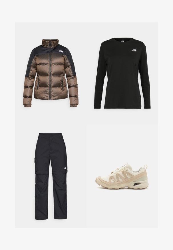 Pruun ja must puffer-jakk, millel on kõrge kaelus, lukuga sulgemine ja küljetaskud. Kangas on sileda tekstuuriga ning sellel on tikandiga muster.; Must mustahiheline T-särk, millel on pikad varrukad, valmistatud puuvillast ja ümarast kaelusest. Vasakul rinnal on väike valge logo. Lihtne disain ja sobivus.; Mustad nailonist valmistatud eemaldatavad cargo-püksid, reguleeritavate pahkluudega, mitmete taskutega ja paremal jalal logoga. Sile, kerge tekstuur.; Beež ja koobalti spordijalats tekstureeritud võrkkattega, toetavad ülemised kihid ja kummist tallaga, millel on mustriga joonistus haardeks.