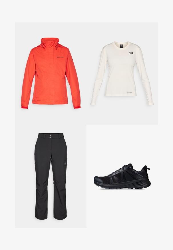 Rød vandtæt jakke med hætte, lange ærmer og justerbare manchetter. Har en lynlås og Vaude-logoet på brystet og ærmet.; The North Face SHADOW LONG SLEEVE - Langærmet T-shirt - white dune; Sorte udendørsbukser med lige snit, der har knaplukning, lynlåslommer i siderne og et logo-patch på venstre lår.; Sort trailsko til løb med mesh-overdel og gummisål. Har strukturerede overflader, forstærket tåhætte og brandlogo på hælen.