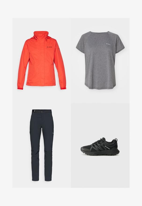 Piros vízhatlan dzseki kapucnival, hosszú ujjakkal és állítható mandzsettákkal. Cipzárral és a Vaude logójával a mellen és az ujján.; Szürke rövid ujjú póló, finom textúrával, kerek nyakkivágással és Columbia logóval a mellkason. Puha anyag, kényelmes fazon.; Férfi kültéri nadrág, sötétszürke, rugalmas anyagból készült, övvel, cipzáros zsebekkel és megerősített varratokkal.; Columbia PEAKFREAK - Túracipők - black