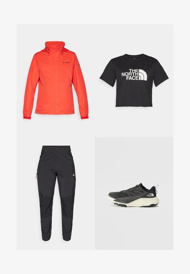 Raudona nepralaidi striukė su kapišonu, ilgomis rankovėmis ir reguliuojamais rankogaliais. Savybės: užtrauktukas ir Vaude logotipas ant krūtinės ir rankovės.; Juodas trumpas medvilninis marškinėliai, kuriuose yra baltas logotipas su kreivomis detalėmis ir užrašu "THE NORTH FACE" priekyje. Trumpomis rankovėmis, apvaliu kaklu.; Juodos lauko kelnės, pagamintos iš patvarios medžiagos. Turi užtraukiamas kišenes, sustiprintus kelio plotus ir tiesią konstrukciją, leidžiančią laisvai judėti.; Juodas sportinis batas su tekstūruota viršutine dalimi, su pilkomis detalėmis ir baltu viduriu. Apima pakėlimo juostelę ir ryškų prekės ženklo logotipą ant kulno.