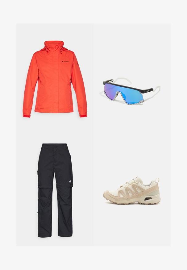 Rød vandtæt jakke med hætte, lange ærmer og justerbare manchetter. Har en lynlås og Vaude-logoet på brystet og ærmet.; Sort bomulds T-shirt med rund halsudskæring og korte ærmer. Bemærkelsesværdig hvid logo på øverste venstre side. Glat tekstur, afslappet pasform.; Sorte nylon cargo bukser med lynlås, justerbare manchetter, flere lommer og et logo på højre ben. Glat, let tekstur.; Beige og creme atletiksko med struktureret mesh-overdel, støttende overlays og gummiyderside med et mønster for trækkraft.; Sports solbriller med en sort ramme, hvide detaljer og blå gradient spejl-linser. Mønstret struktur på de hvide og sorte stænger.