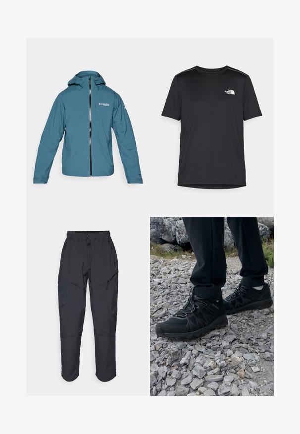 Lightweight, waterproof blue jacket with a hood, front zipper, and adjustable cuffs. Features logo on the chest and side pockets.; Black short-sleeve T-shirt made from lightweight fabric. Features a small white logo on the left chest and subtle shoulder accents.; Black cargo pants made from a lightweight, water-resistant material; features elastic waistband, multiple zippered pockets, and tapered legs.; Black outdoor shoes with mesh and synthetic material, featuring a textured upper, secured lacing system, and a rugged outsole, on rocky terrain.