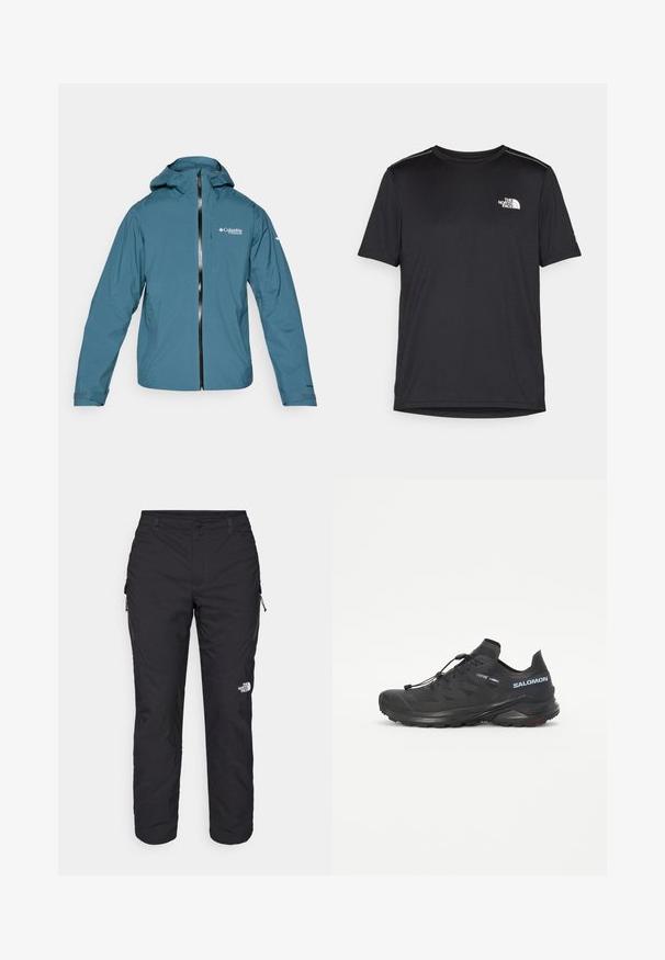 Lightweight, waterproof blue jacket with a hood, front zipper, and adjustable cuffs. Features logo on the chest and side pockets.; Black short-sleeve T-shirt made from lightweight fabric. Features a small white logo on the left chest and subtle shoulder accents.; The North Face WINTER EXPLORATION TAPERED CARGO - Outdoor trousers - black; Black trail running shoe with a textured upper, elastic laces, and Contagrip outsole. Features a snug fit and protective toe cap.