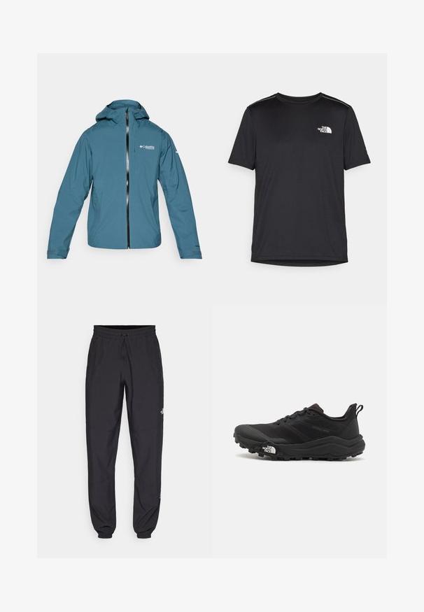 Lightweight, waterproof blue jacket with a hood, front zipper, and adjustable cuffs. Features logo on the chest and side pockets.; Black short-sleeve T-shirt made from lightweight fabric. Features a small white logo on the left chest and subtle shoulder accents.; Black athletic pants made from lightweight fabric, featuring a drawstring waistband, side pockets, and tapered cuffs at the ankles.; Black trail running shoe with a textured upper, rubber sole, and reinforced toe cap. Features a padded collar and pull tab for easy wear.