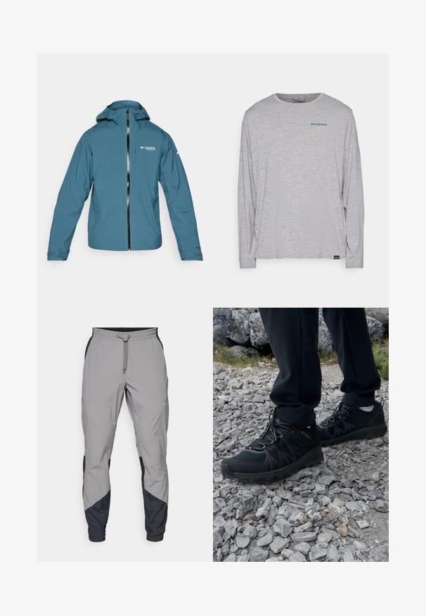 Leichte, wasserdichte blaue Jacke mit Kapuze, Frontreißverschluss und verstellbaren Manschetten. Mit Logo auf der Brust und Seitentaschen.; Hellgraues Langarm-T-Shirt aus weichem, strukturiertem Stoff. Verfügt über einen Rundhalsausschnitt und ein kleines blaues Patagonia-Logo auf der Brust.; Leichte, graue Sporthosen mit schwarzen Akzenten. Elastischer Bund, Kordelzugverschluss, taillierte Beinform und Seitentaschen.; Schwarze Outdoor-Schuhe aus Mesh und synthetischem Material, mit einer strukturierten Oberseite, gesichertem Schnürsystem und griffiger Laufsohle, auf felsigem Gelände.