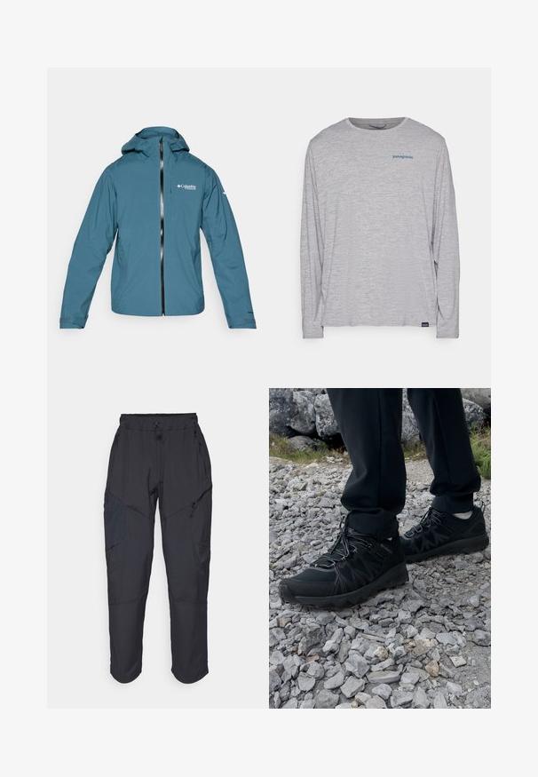 Veste bleu légère et imperméable avec capuche, fermeture éclair à l'avant et manches ajustables. Possède un logo sur la poitrine et des poches latérales.; T-shirt à manches longues gris clair en tissu doux et texturé. Il présente un col rond et un petit logo Patagonia bleu sur la poitrine.; Pantalons cargo noirs en matériau léger et résistant à l'eau ; dotés d'une taille élastique, de plusieurs poches zippées et de jambes fuselées.; Chaussures d'extérieur noires en matériau synthétique et en maille, présentant une tige texturée, un système de lacets sécurisé et une semelle extérieure robuste, sur un terrain rocailleux.